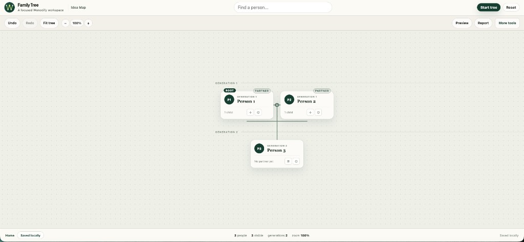 Wenodify Family Tree with three people across two generations